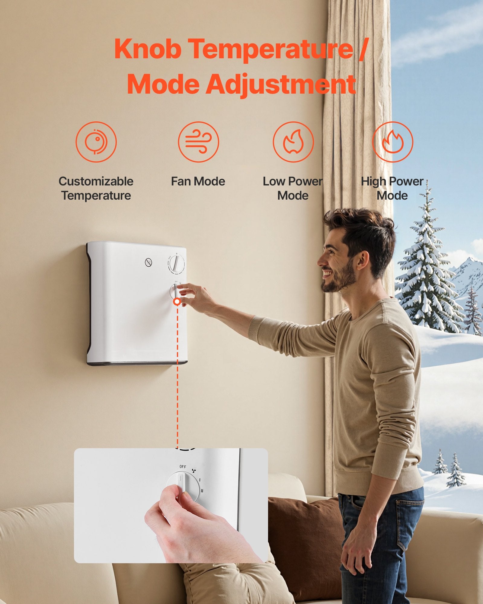 Compact 1500W Smart Wall-Mounted Electric Heater, Adjustable Knob, 3 Modes, Anti-Tip, Overheat Safe for Home, Office, Bathroom