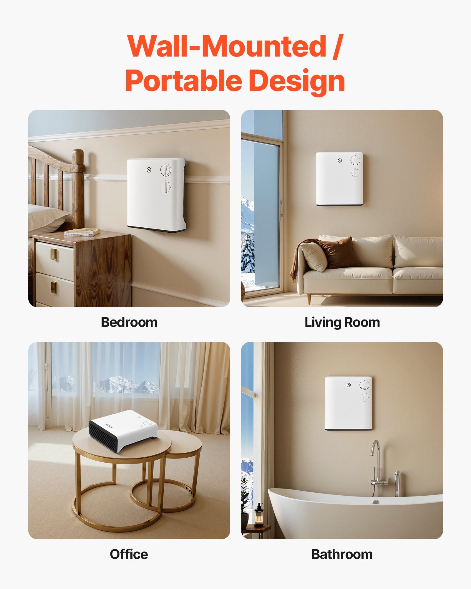 Compact 1500W Smart Wall-Mounted Electric Heater, Adjustable Knob, 3 Modes, Anti-Tip, Overheat Safe for Home, Office, Bathroom