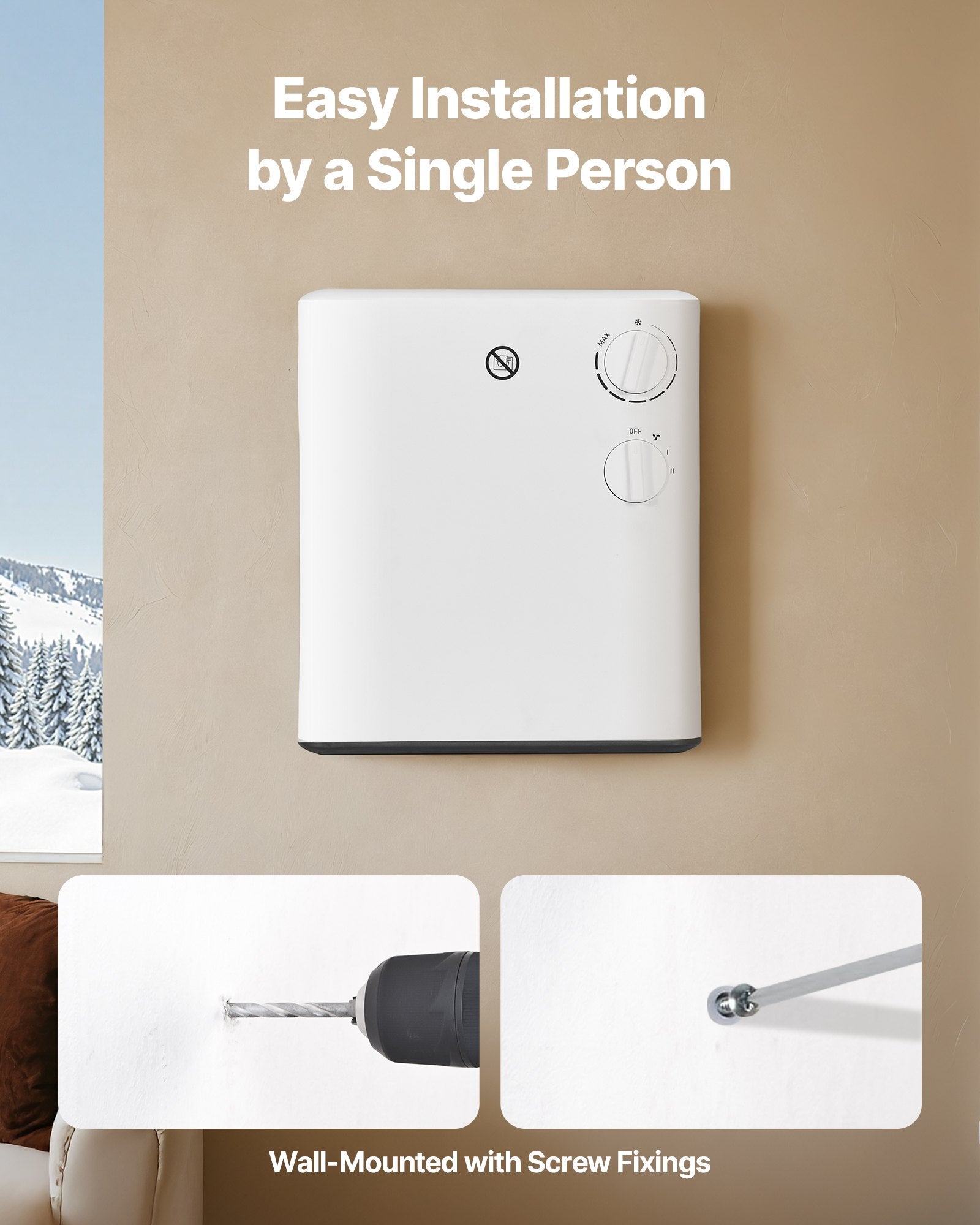 Compact 1500W Smart Wall-Mounted Electric Heater, Adjustable Knob, 3 Modes, Anti-Tip, Overheat Safe for Home, Office, Bathroom
