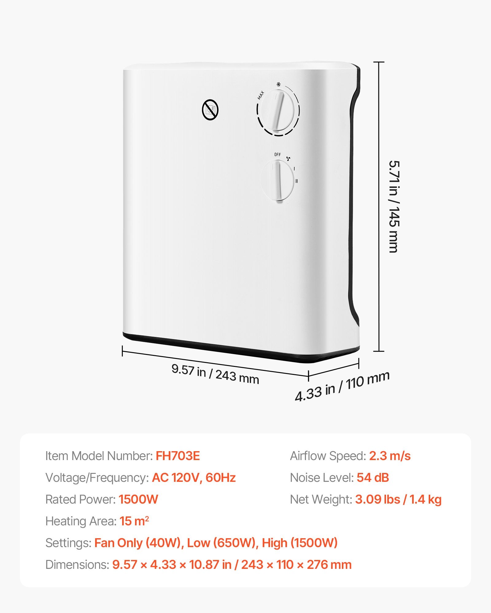 Compact 1500W Smart Wall-Mounted Electric Heater, Adjustable Knob, 3 Modes, Anti-Tip, Overheat Safe for Home, Office, Bathroom
