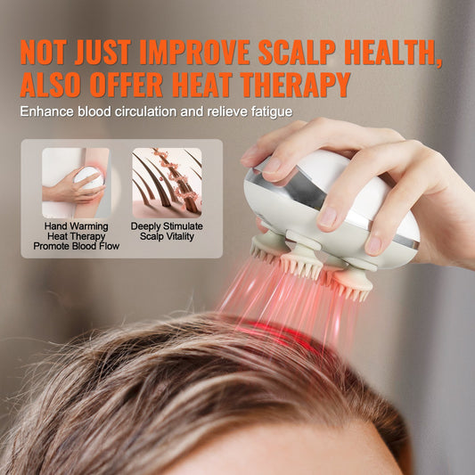 Rechargeable IPX7 Waterproof Electric Scalp Massager with Heat for Hair Growth, Stress Relief, Portable 8-Head Deep Clean Kneading Tool