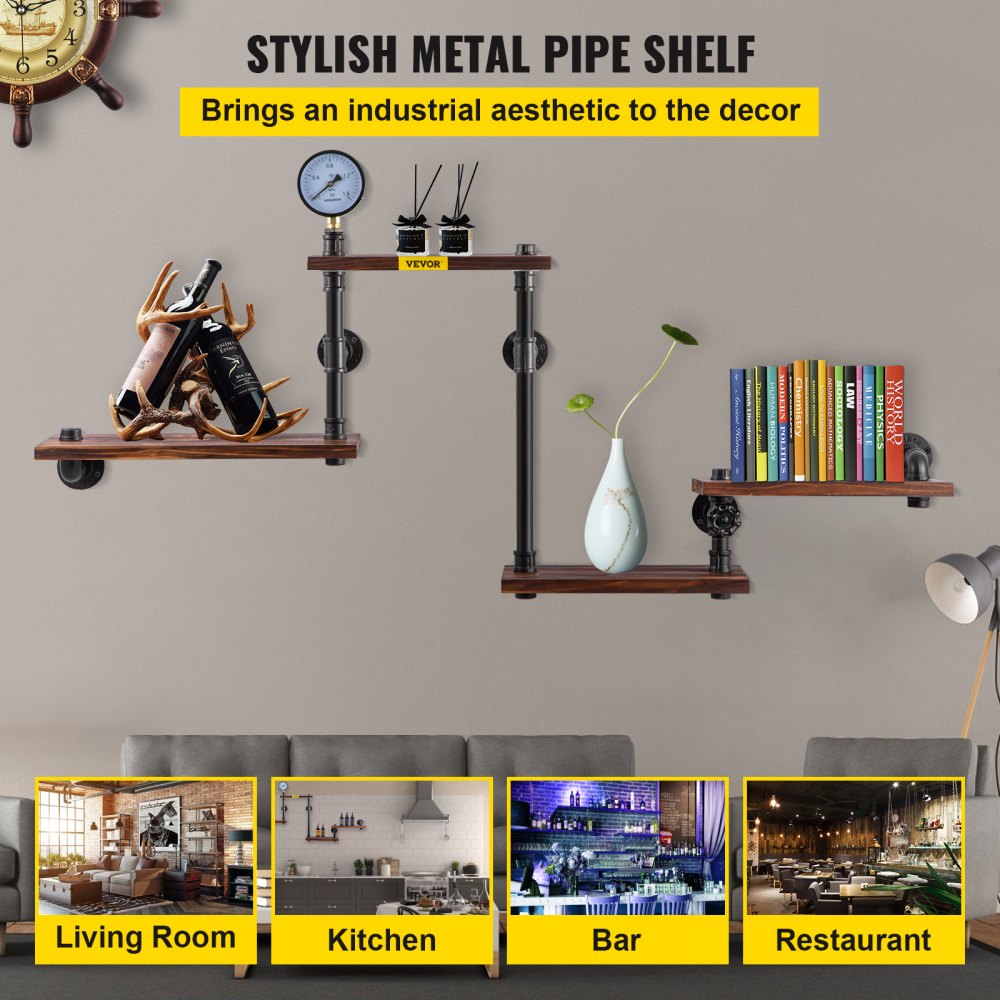 Industrial Wall-Mounted Pipe Shelf with Four Solid Wood Planks for Modern Rustic Home Decor and Versatile Storage Solutions