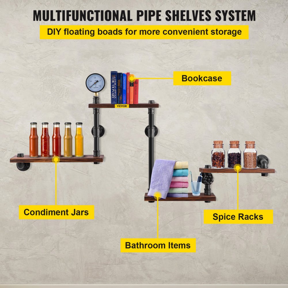 Industrial Wall-Mounted Pipe Shelf with Four Solid Wood Planks for Modern Rustic Home Decor and Versatile Storage Solutions