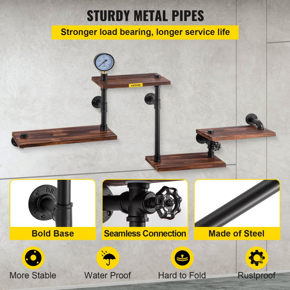 Industrial Wall-Mounted Pipe Shelf with Four Solid Wood Planks for Modern Rustic Home Decor and Versatile Storage Solutions