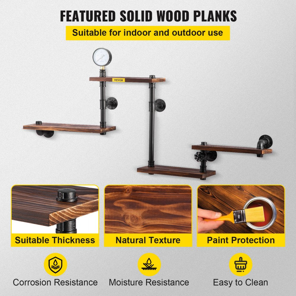 Industrial Wall-Mounted Pipe Shelf with Four Solid Wood Planks for Modern Rustic Home Decor and Versatile Storage Solutions