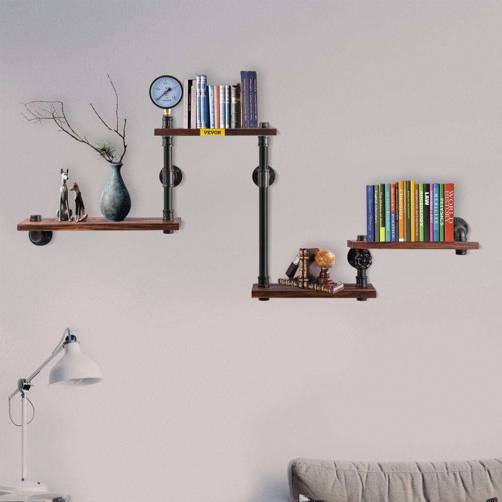 Industrial Wall-Mounted Pipe Shelf with Four Solid Wood Planks for Modern Rustic Home Decor and Versatile Storage Solutions