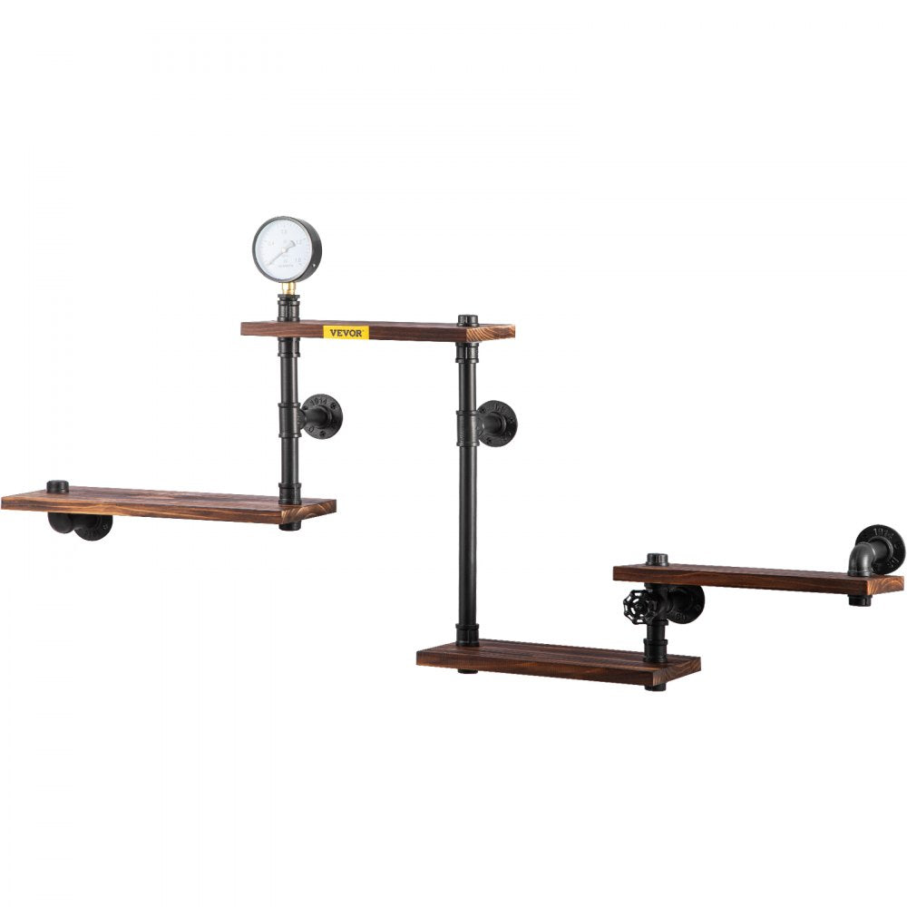 Industrial Wall-Mounted Pipe Shelf with Four Solid Wood Planks for Modern Rustic Home Decor and Versatile Storage Solutions