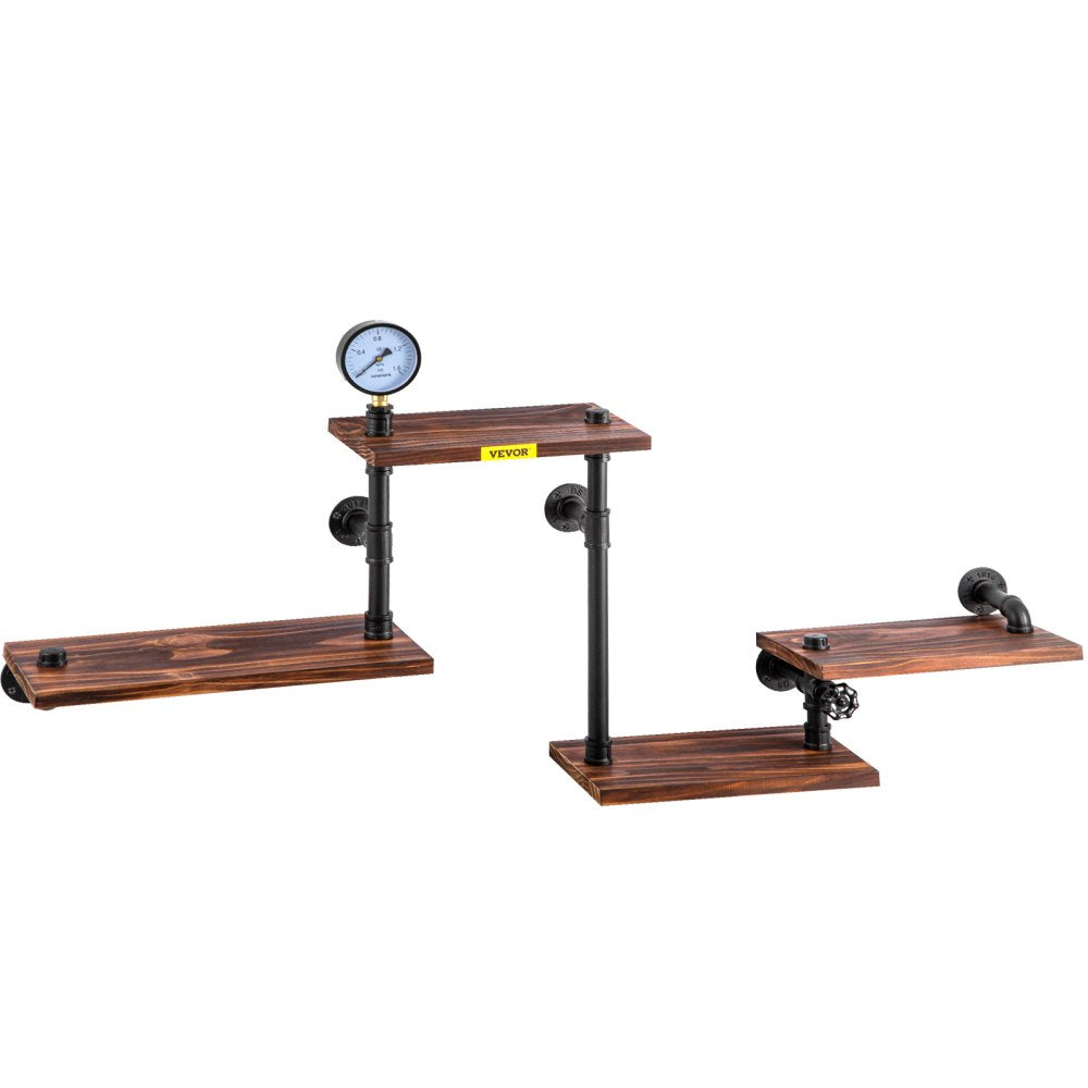 Industrial Wall-Mounted Pipe Shelf with Four Solid Wood Planks for Modern Rustic Home Decor and Versatile Storage Solutions