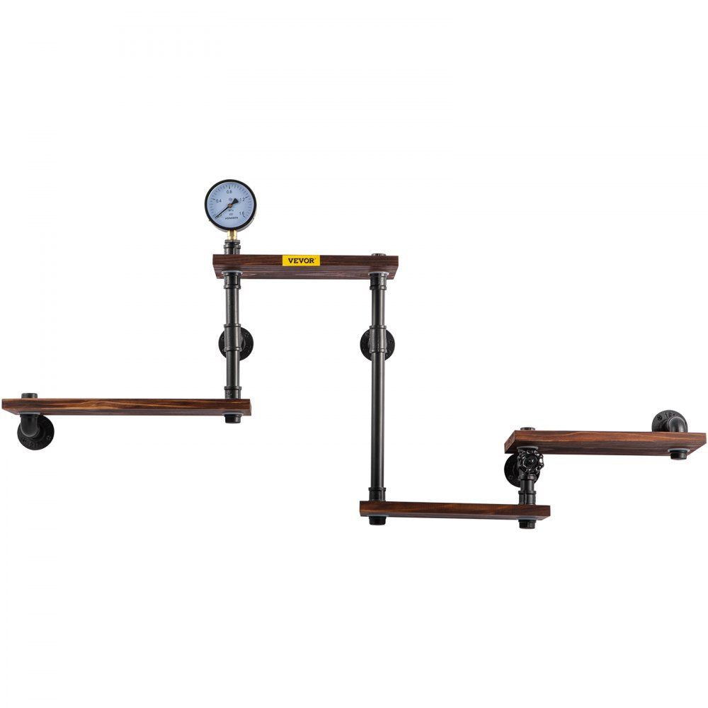 Industrial Wall-Mounted Pipe Shelf with Four Solid Wood Planks for Modern Rustic Home Decor and Versatile Storage Solutions