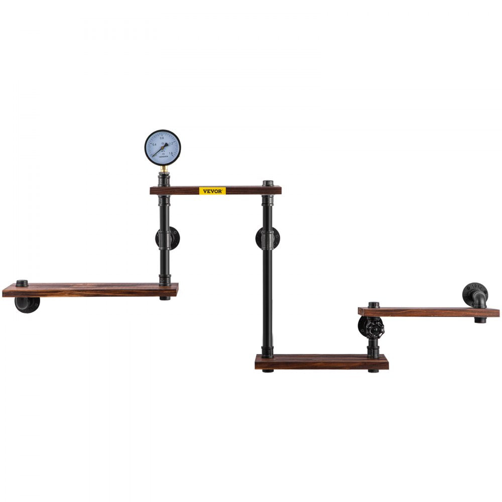 Industrial Wall-Mounted Pipe Shelf with Four Solid Wood Planks for Modern Rustic Home Decor and Versatile Storage Solutions
