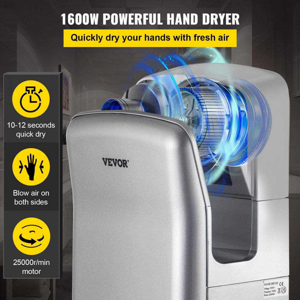 VEVOR Jet Hand Dryer, Premium Electric Commercial Blade Hand Dryer, ABS Air Dryer Hand with HEPA Filtration Wall Mount Hand Dryer, 1600W 110V Vertical Hand Dryer, High-Speed Automatic Infrared Silver
