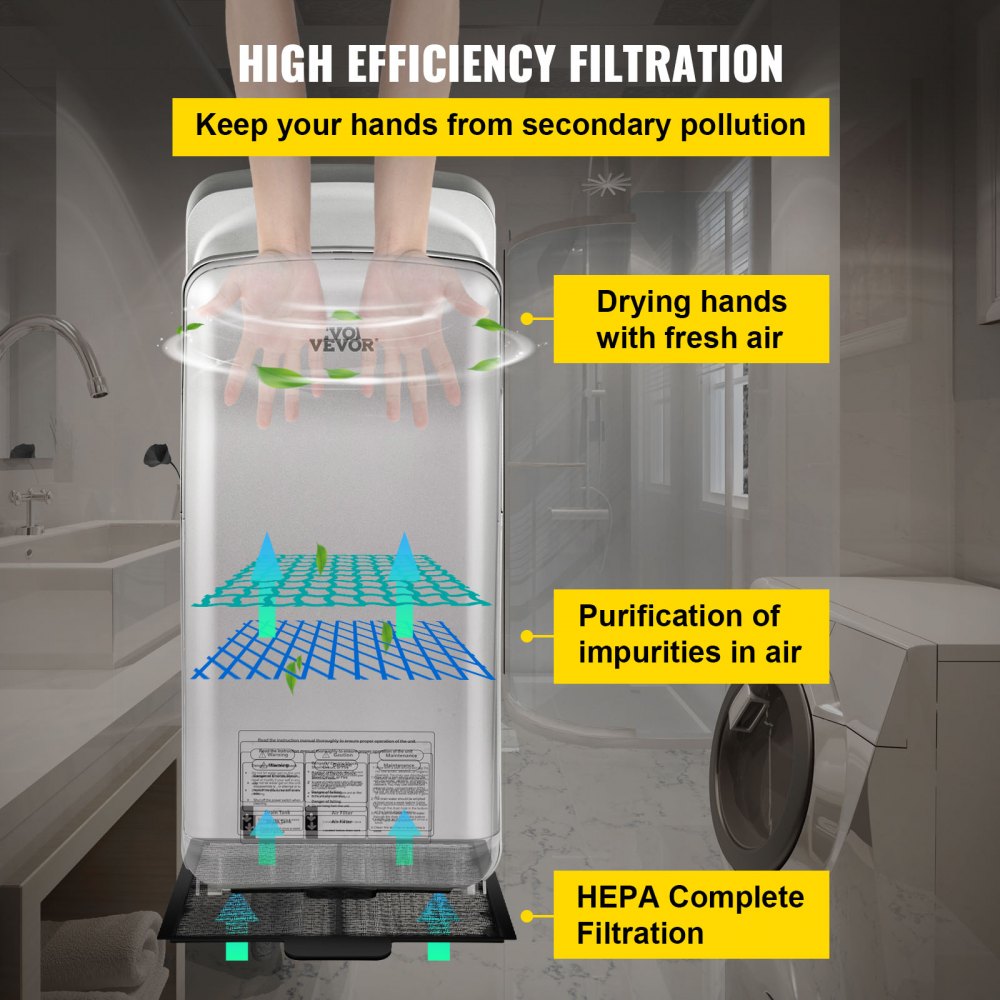 VEVOR Jet Hand Dryer, Premium Electric Commercial Blade Hand Dryer, ABS Air Dryer Hand with HEPA Filtration Wall Mount Hand Dryer, 1600W 110V Vertical Hand Dryer, High-Speed Automatic Infrared Silver