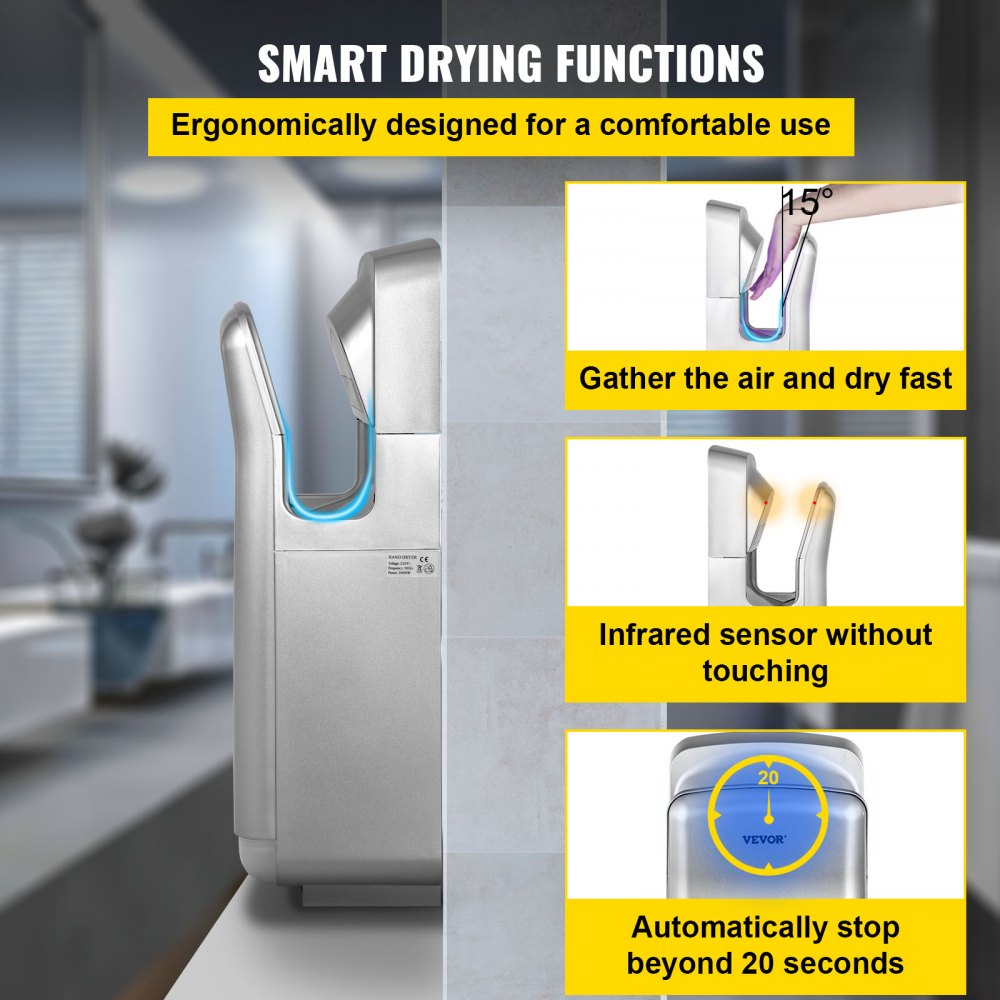 VEVOR Jet Hand Dryer, Premium Electric Commercial Blade Hand Dryer, ABS Air Dryer Hand with HEPA Filtration Wall Mount Hand Dryer, 1600W 110V Vertical Hand Dryer, High-Speed Automatic Infrared Silver