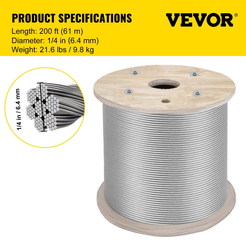 Vevor T304 Stainless Steel Cable Wire Rope 1/4" 7x19 Construction 200ft Reel