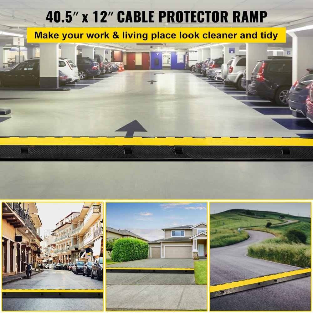 Heavy Duty Rubber Cable Protector Ramp with Three 1.2"x1.2" Channels for Driveways and Speed Bumps