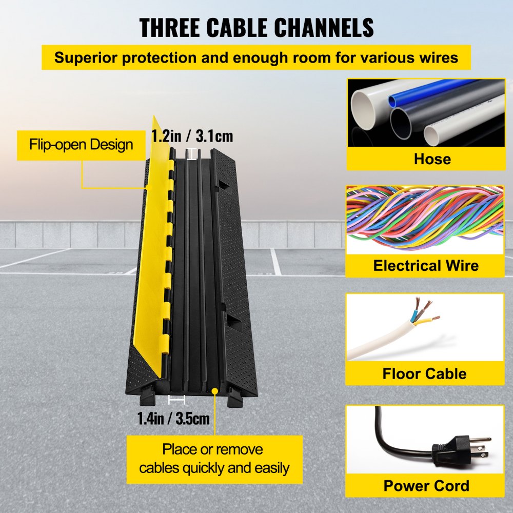 Heavy Duty Rubber Cable Protector Ramp with Three 1.2"x1.2" Channels for Driveways and Speed Bumps