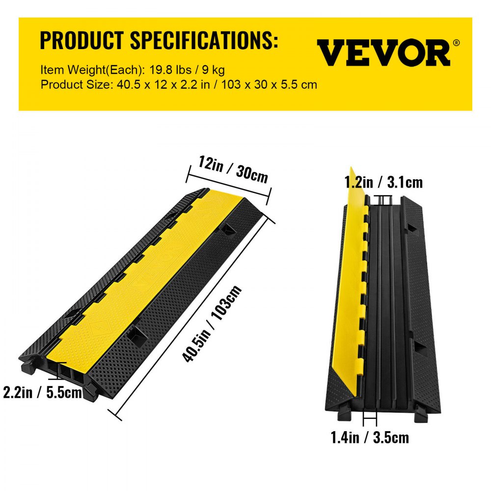 Heavy Duty Rubber Cable Protector Ramp with Three 1.2"x1.2" Channels for Driveways and Speed Bumps