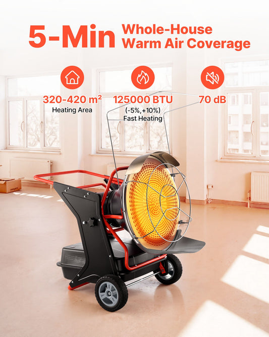 High-Efficiency 125000 BTU Radiant Kerosene Diesel Heater with Adjustable Temp, Wheels, Ideal for Garage, Workshop, Construction Sites