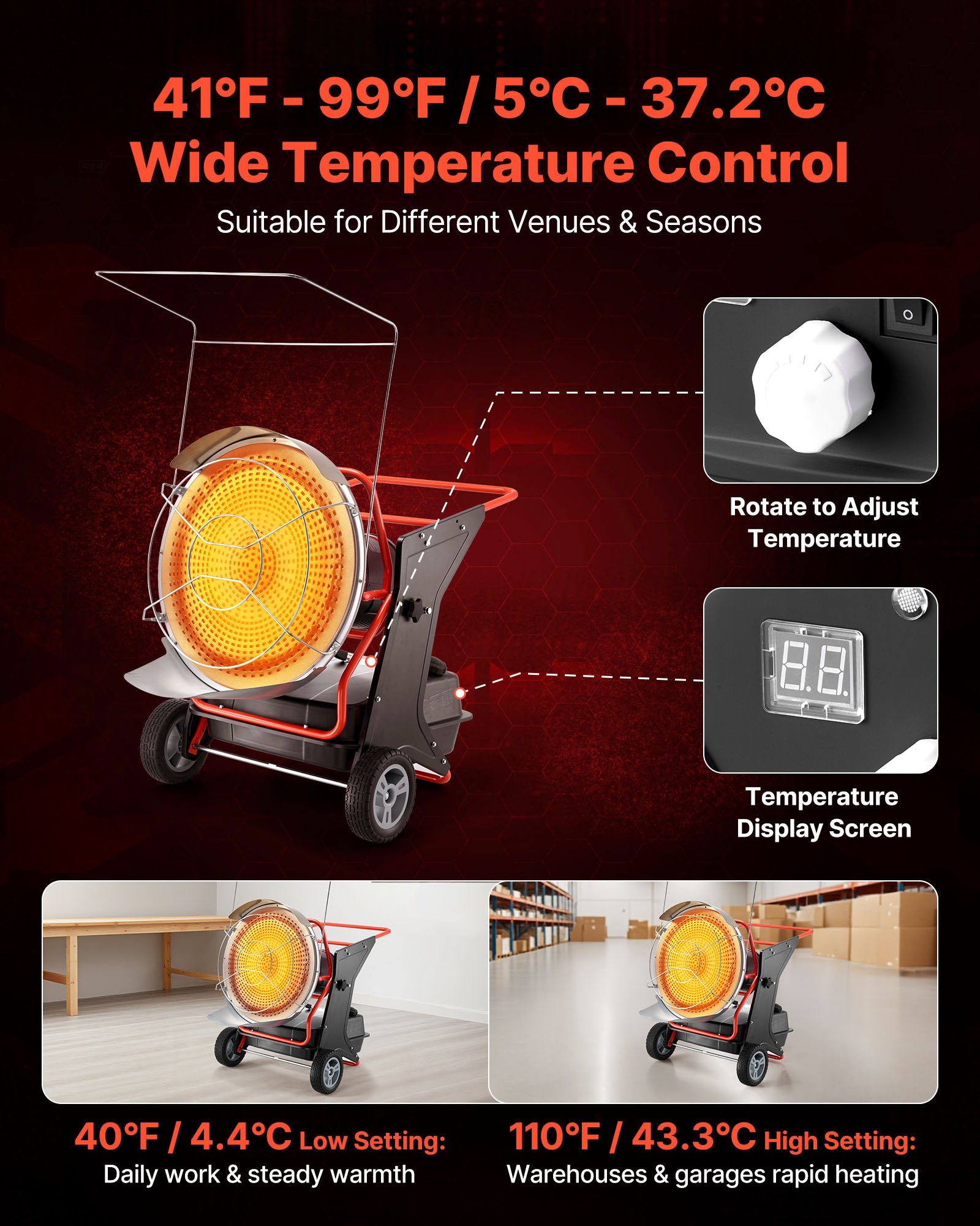 High-Efficiency 125000 BTU Radiant Kerosene Diesel Heater with Adjustable Temp, Wheels, Ideal for Garage, Workshop, Construction Sites
