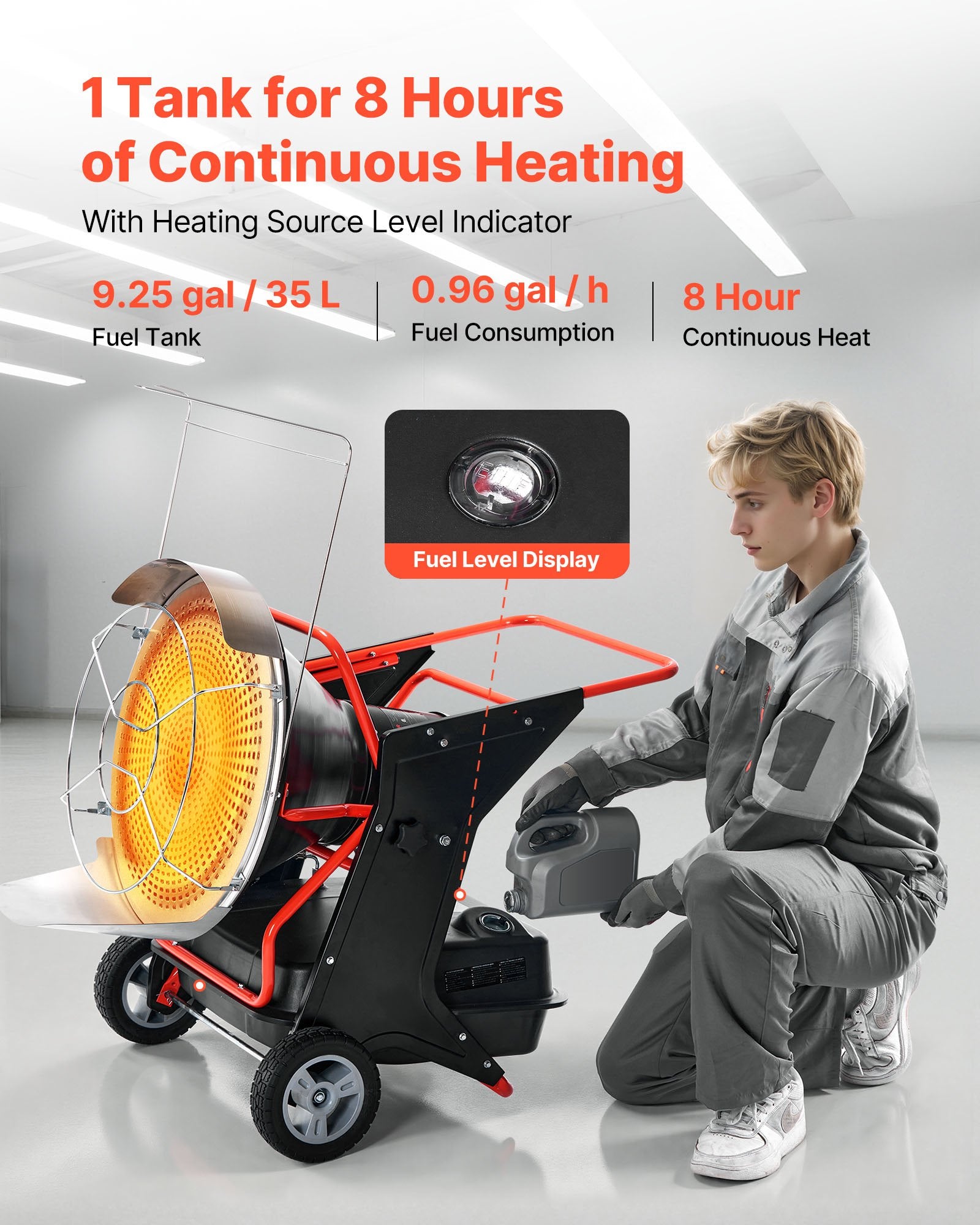 High-Efficiency 125000 BTU Radiant Kerosene Diesel Heater with Adjustable Temp, Wheels, Ideal for Garage, Workshop, Construction Sites