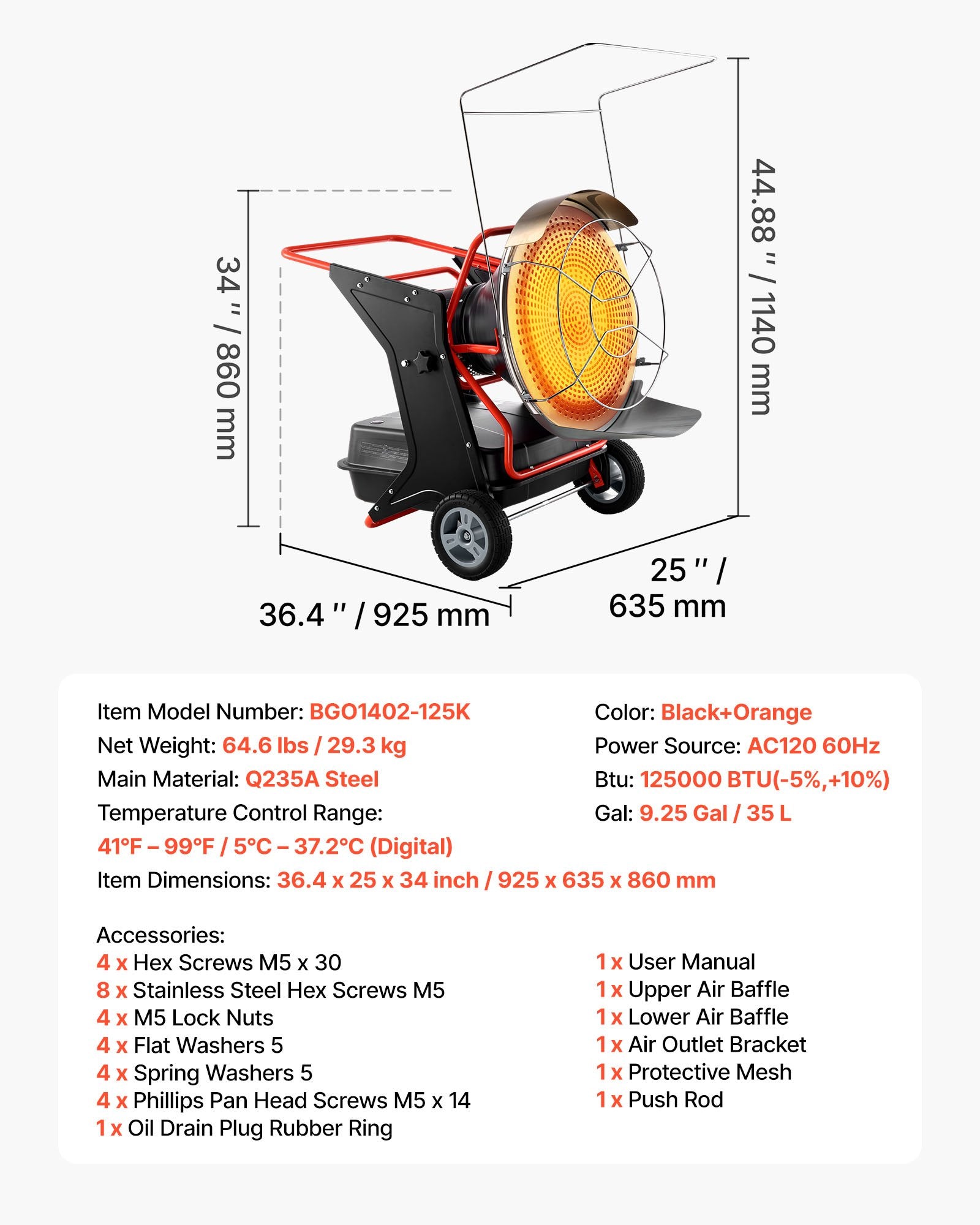 High-Efficiency 125000 BTU Radiant Kerosene Diesel Heater with Adjustable Temp, Wheels, Ideal for Garage, Workshop, Construction Sites