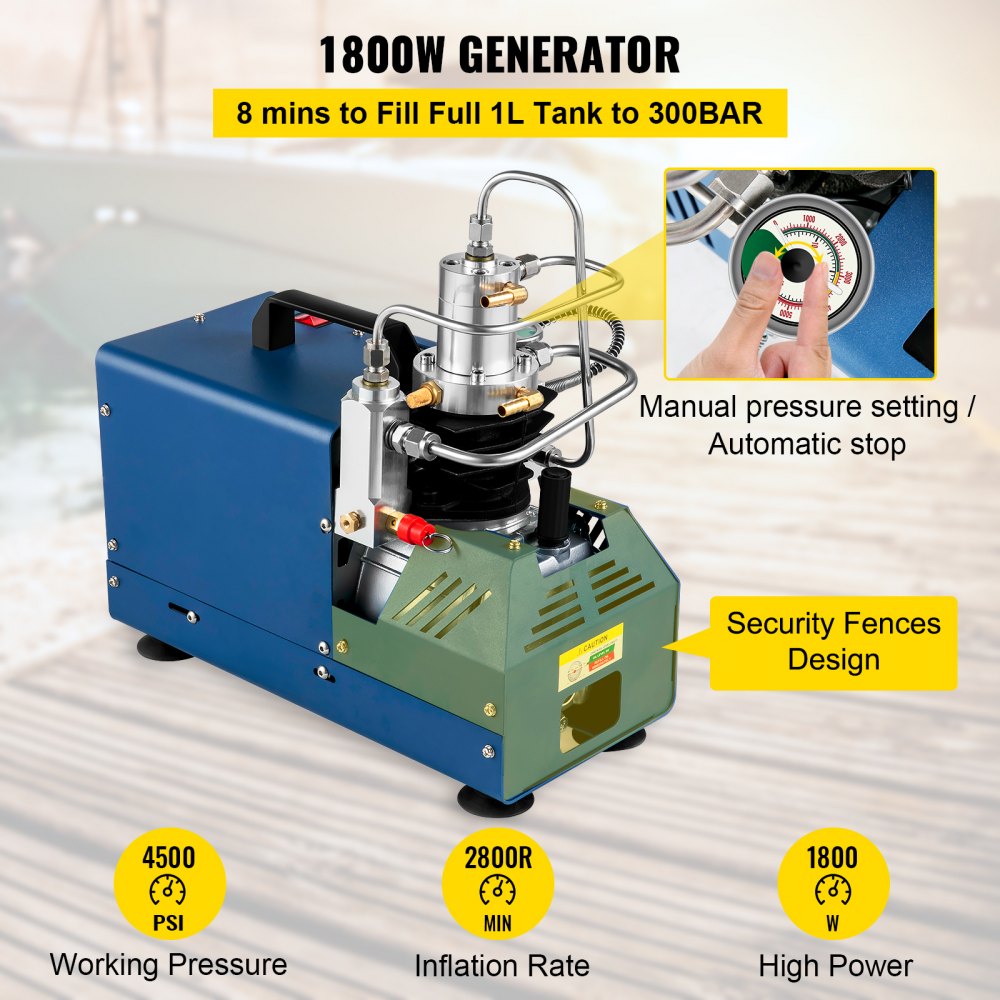 VEVOR High Pressure Compressor, 4500PSI/30MPA/300BAR High Pressure Air Compressor, 1800W 110V Automatic Stop PCP Air Compressor