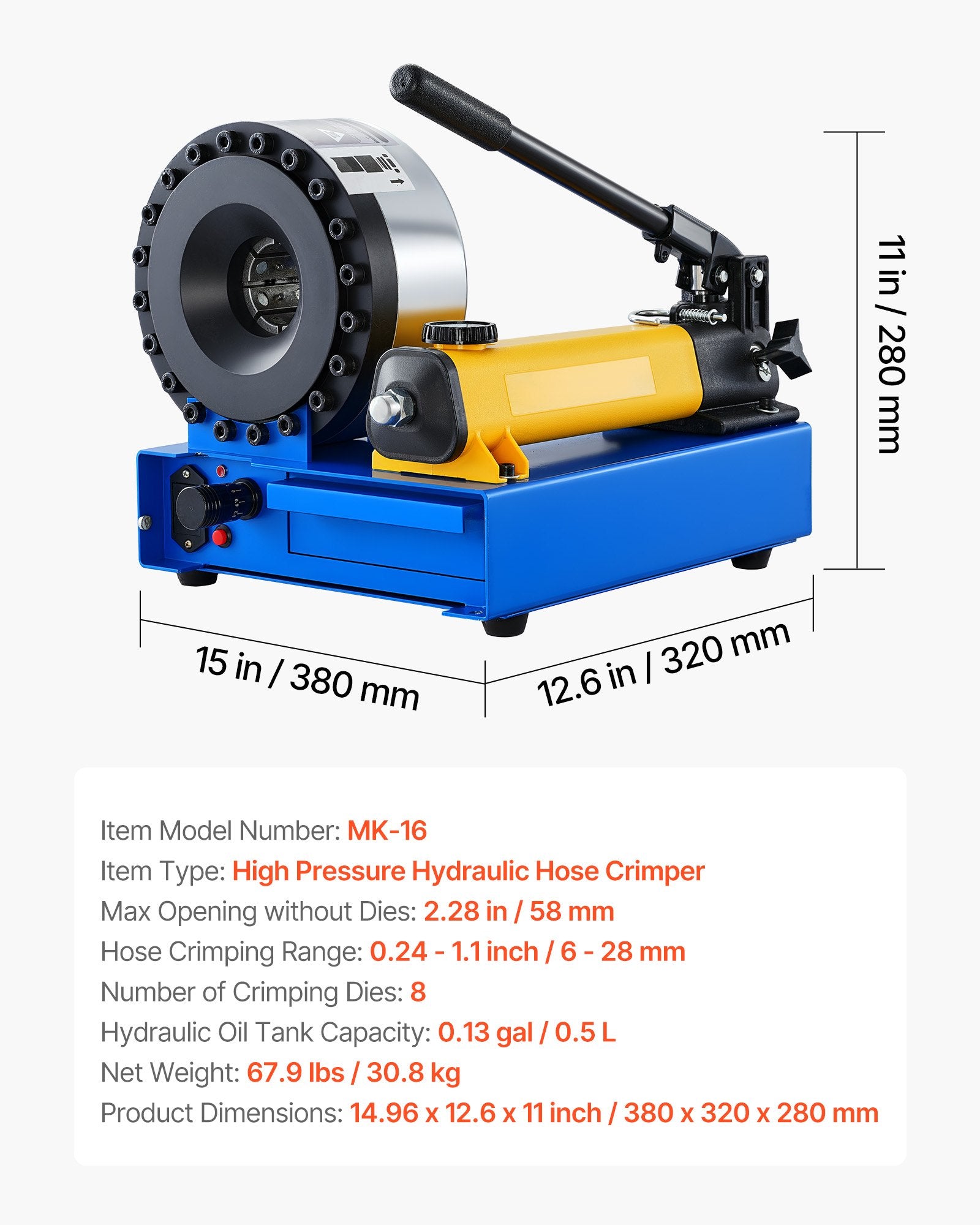 Manual High Pressure Hydraulic Hose Crimper with 8 Dies, 0.24"-1.1" Crimping Range for Oil, Gas, Water, Auto AC Hoses & Cable Joints