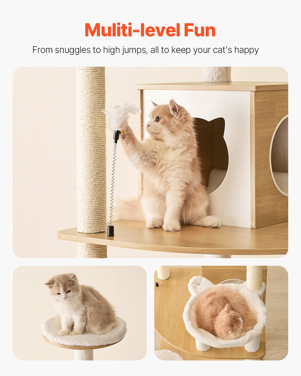 Large Cat Tower, 68.9" Multi-Level Condo with Hammock & Sisal Scratching Posts, Perfect Indoor Activity Center for Kittens & Cats' Rest and Play
