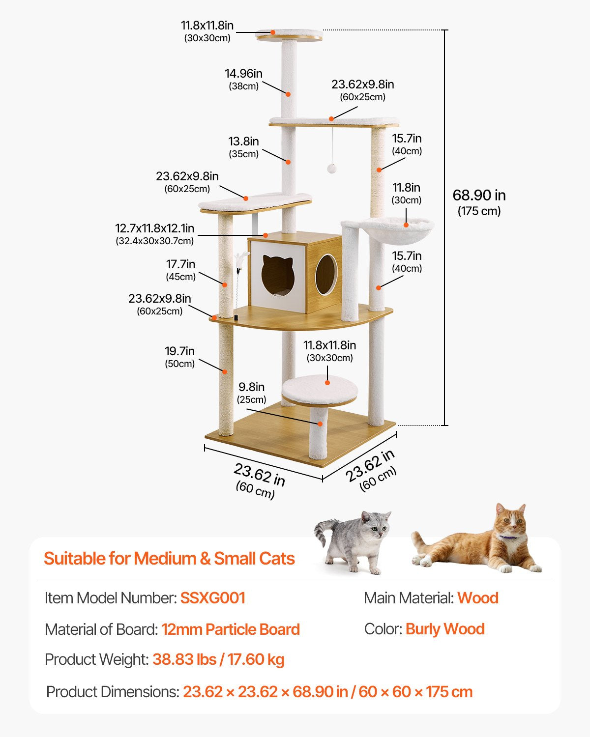 Large Cat Tower, 68.9" Multi-Level Condo with Hammock & Sisal Scratching Posts, Perfect Indoor Activity Center for Kittens & Cats' Rest and Play