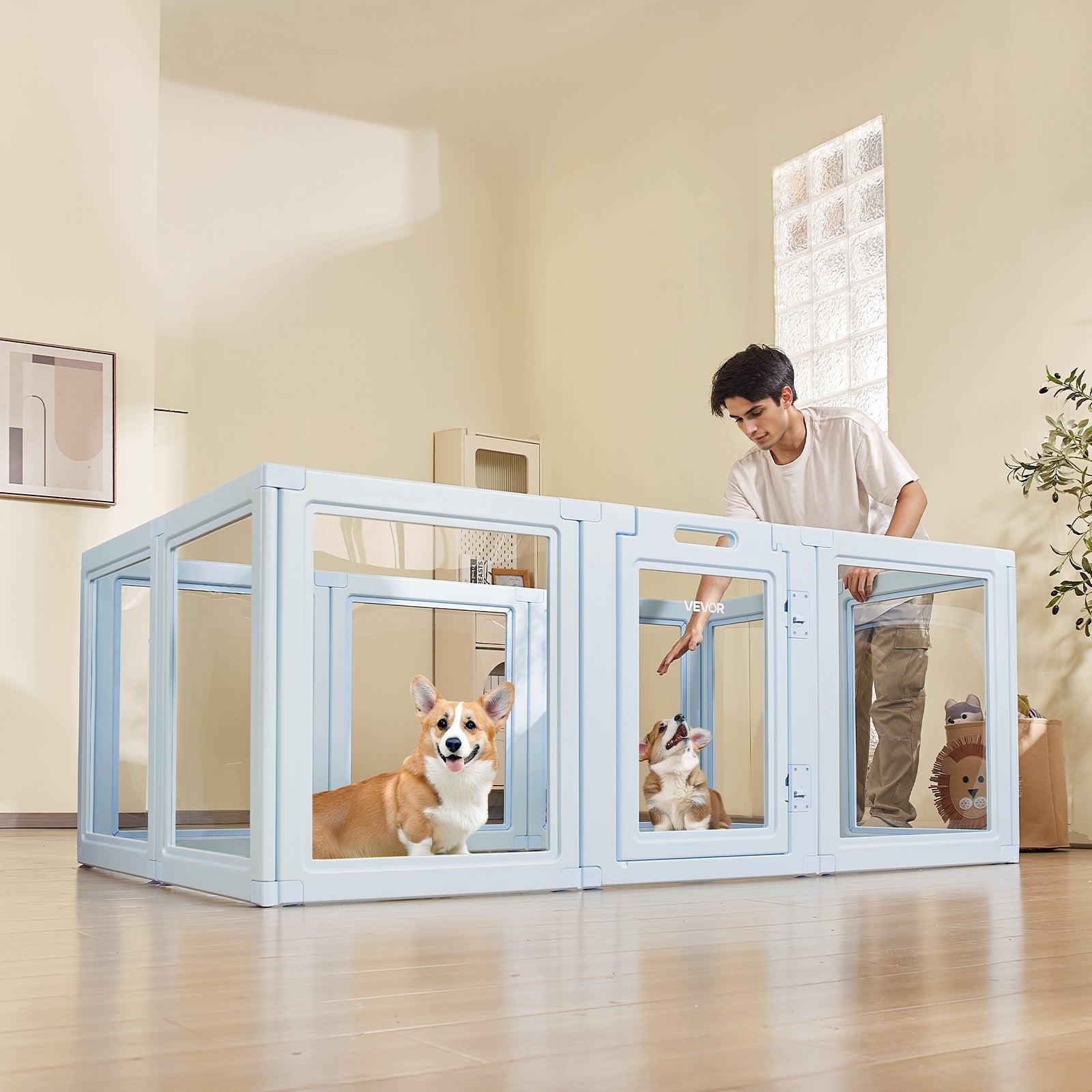 Large Dog Whelping Box with Door Lock, Waterproof Playpen for Puppies, Durable Indoor Birth Kit, Easy Clean, Transparent Windows