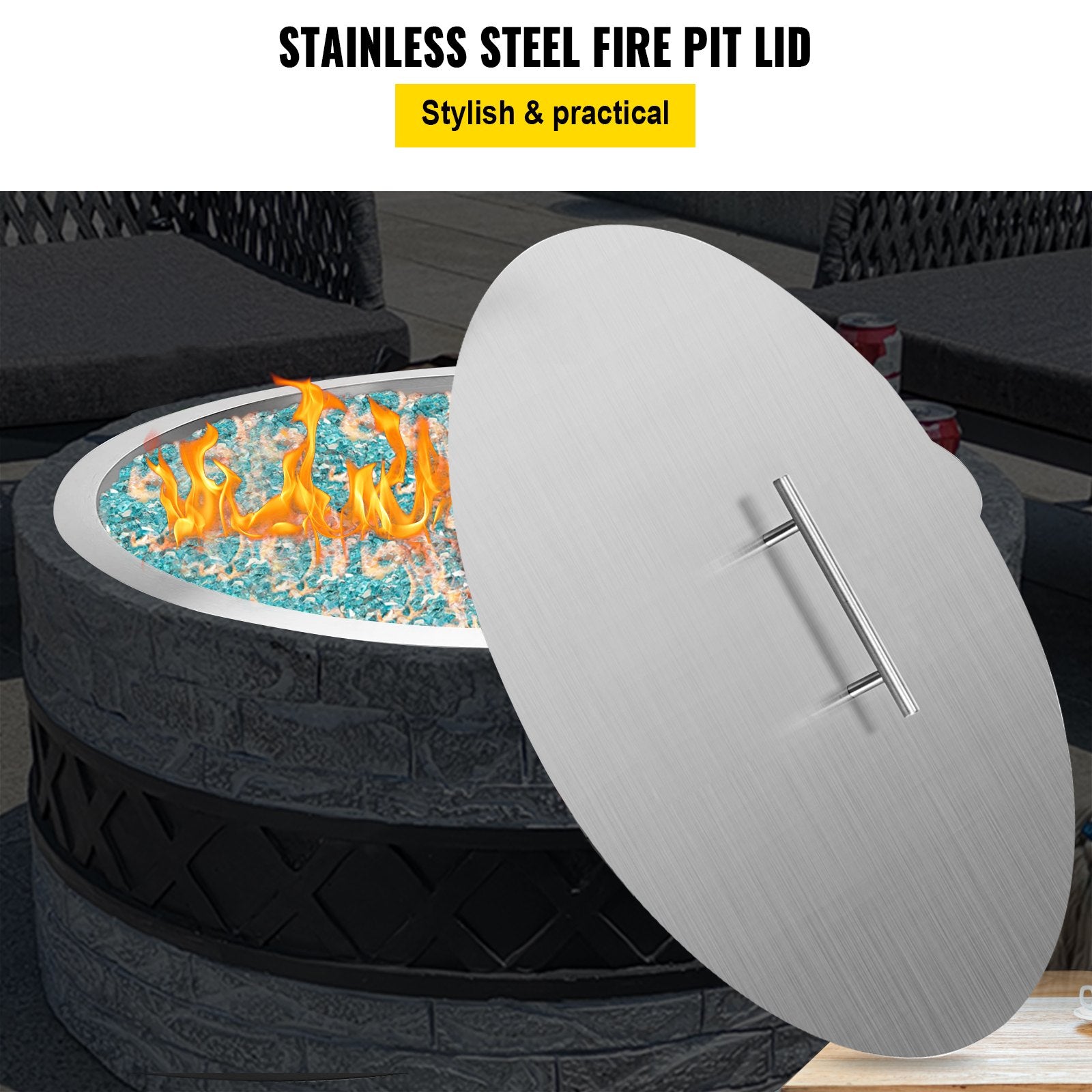 20-Inch Round Fire Pit Lid Cover - Durable 304 Stainless Steel, 1.5mm Thick with Convenient Handle for Patio Fire Pit Pans