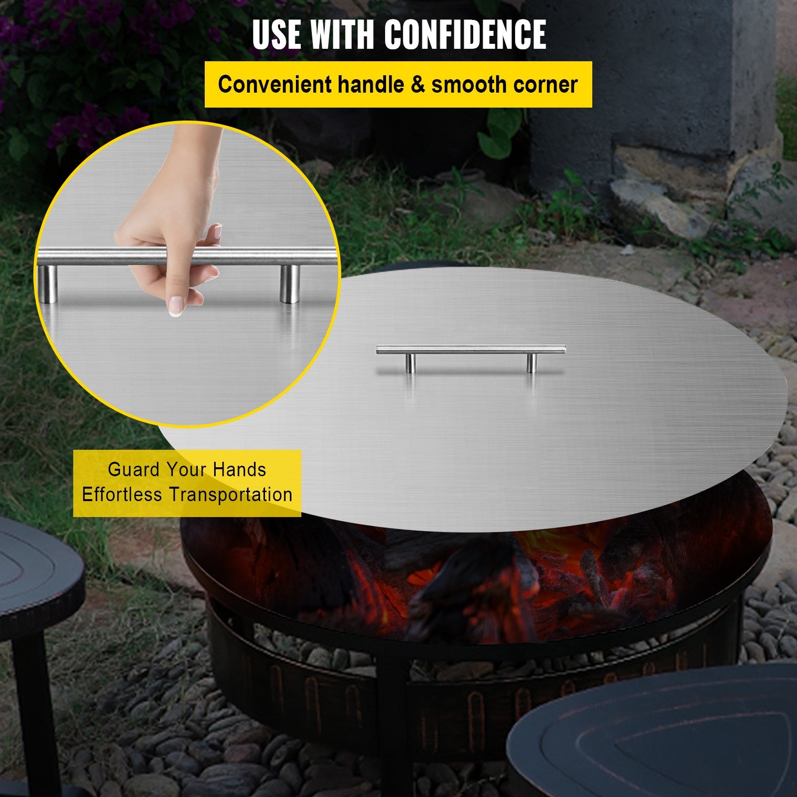 20-Inch Round Fire Pit Lid Cover - Durable 304 Stainless Steel, 1.5mm Thick with Convenient Handle for Patio Fire Pit Pans