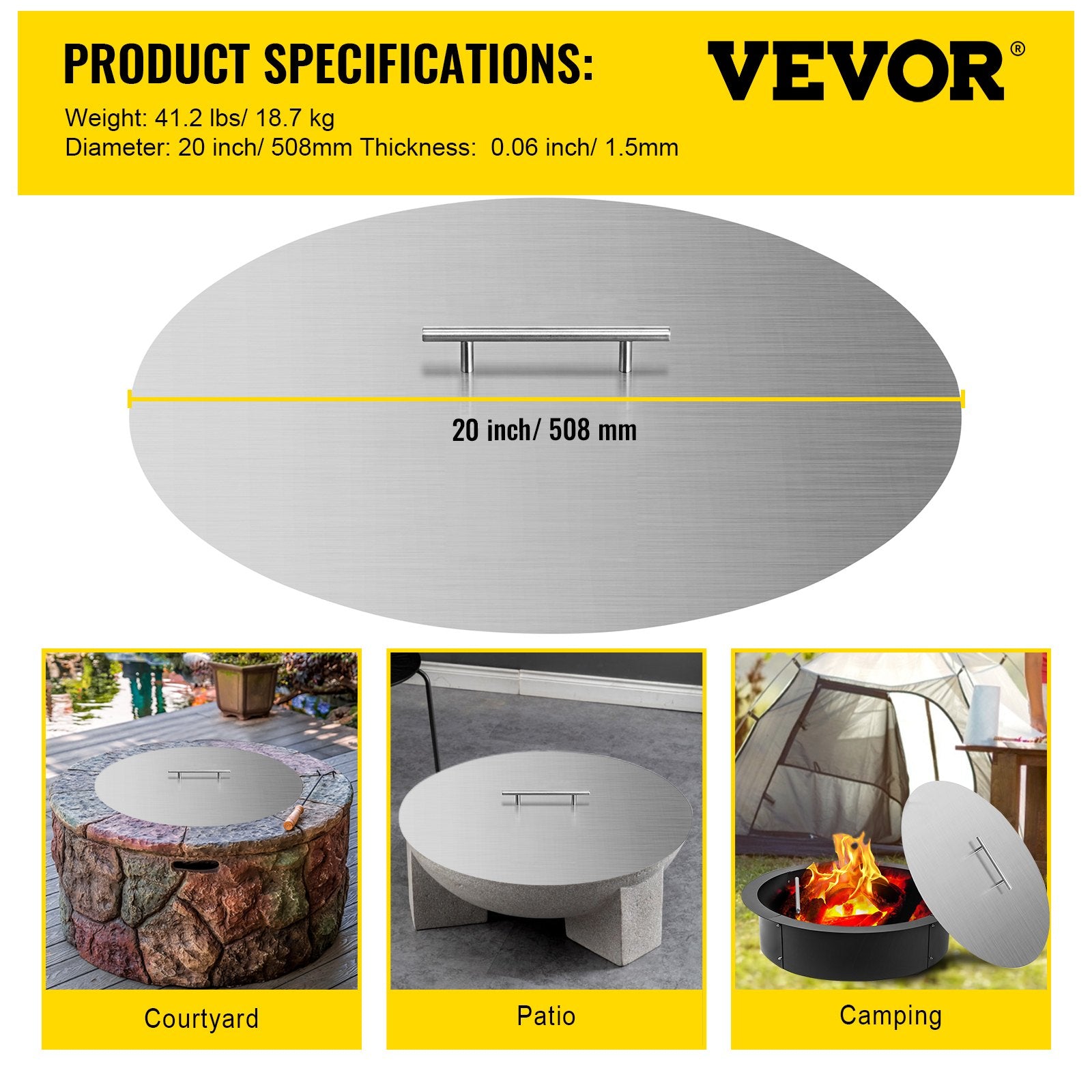 20-Inch Round Fire Pit Lid Cover - Durable 304 Stainless Steel, 1.5mm Thick with Convenient Handle for Patio Fire Pit Pans