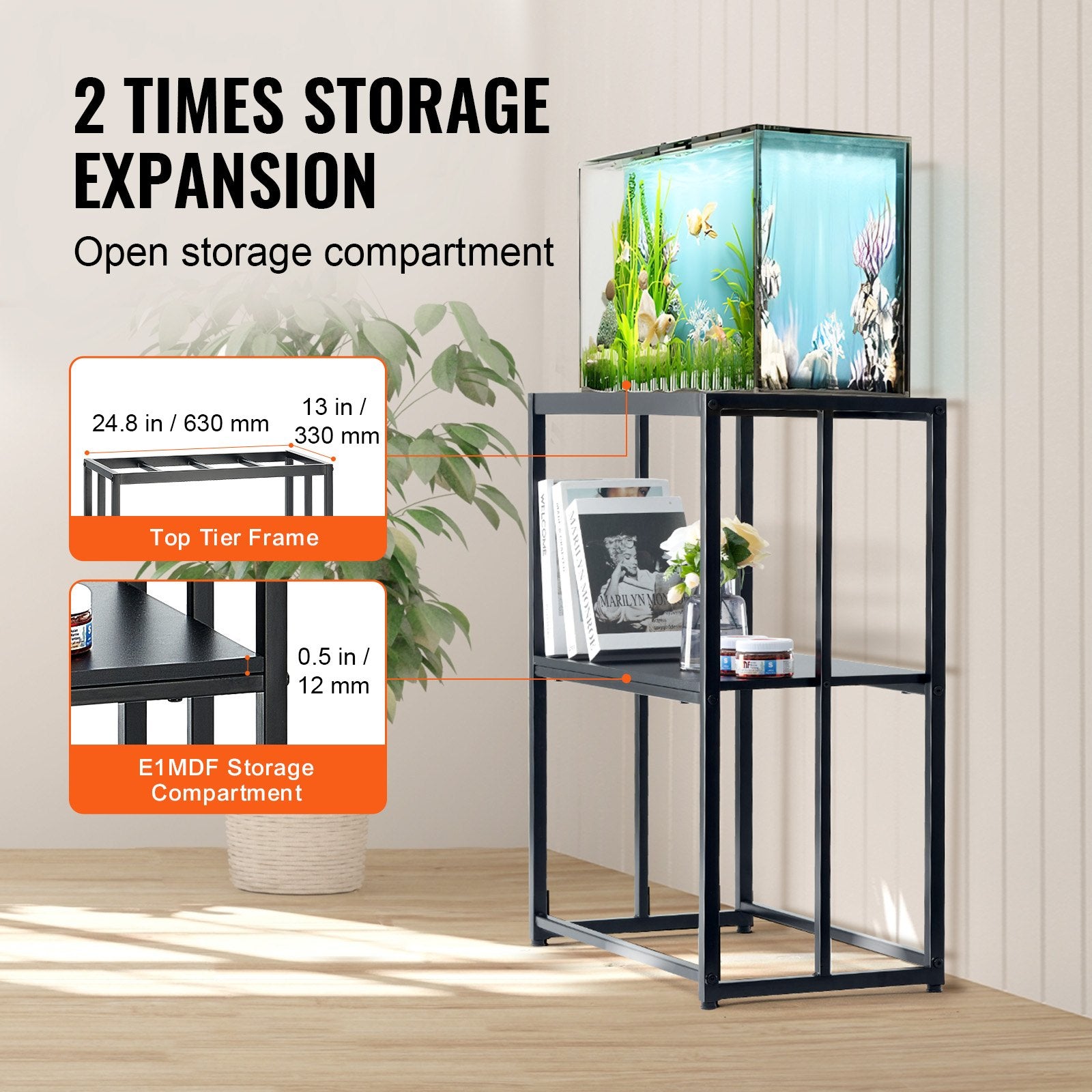 Sturdy 20 Gallon Aquarium Stand with Storage, Steel Frame for Fish & Reptile Tanks, 167.6 lbs Capacity, Easy Install, Non-slip Feet, Black
