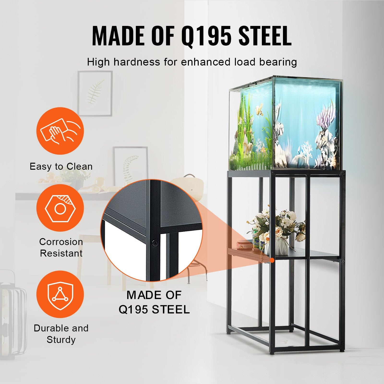 Sturdy 20 Gallon Aquarium Stand with Storage, Steel Frame for Fish & Reptile Tanks, 167.6 lbs Capacity, Easy Install, Non-slip Feet, Black