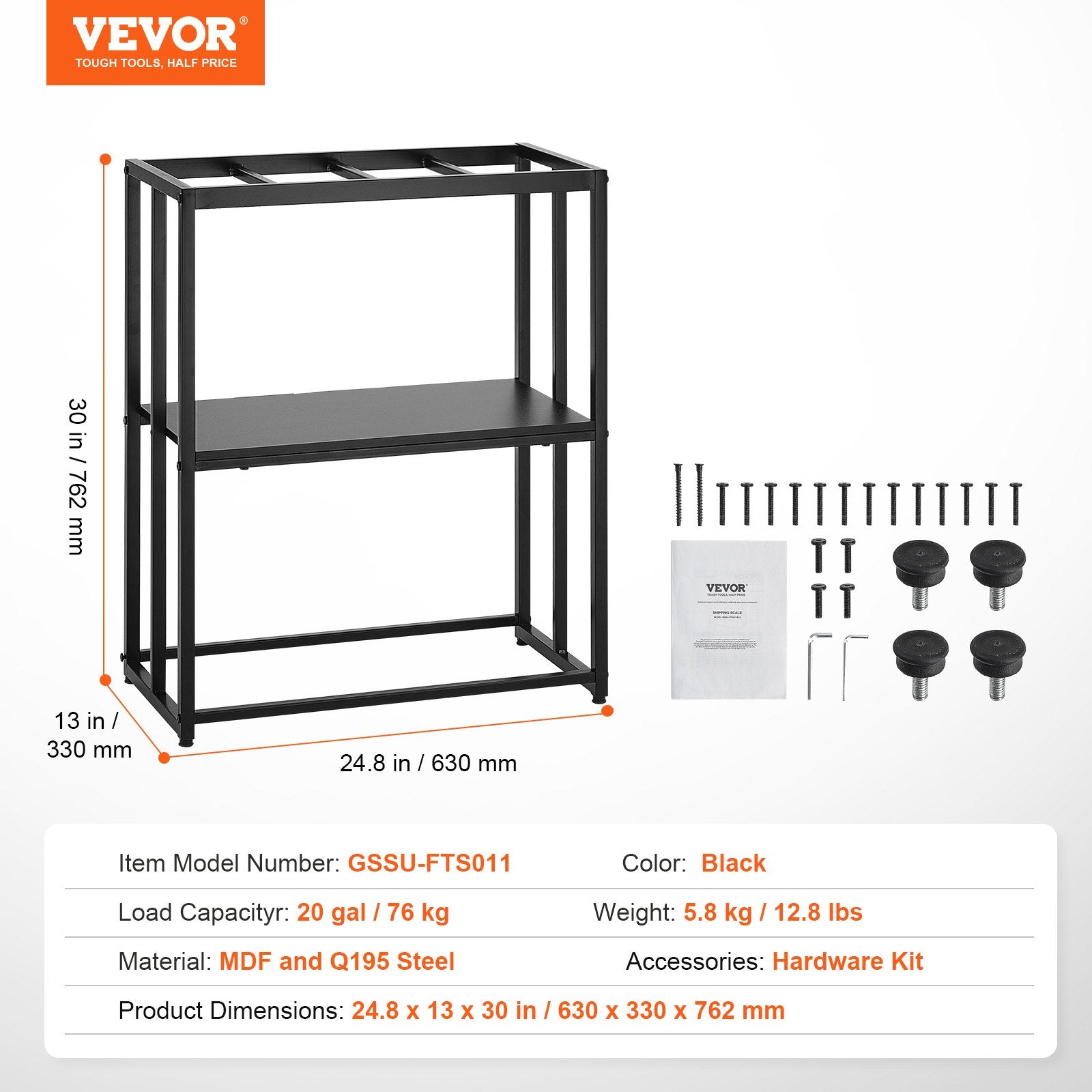 Sturdy 20 Gallon Aquarium Stand with Storage, Steel Frame for Fish & Reptile Tanks, 167.6 lbs Capacity, Easy Install, Non-slip Feet, Black