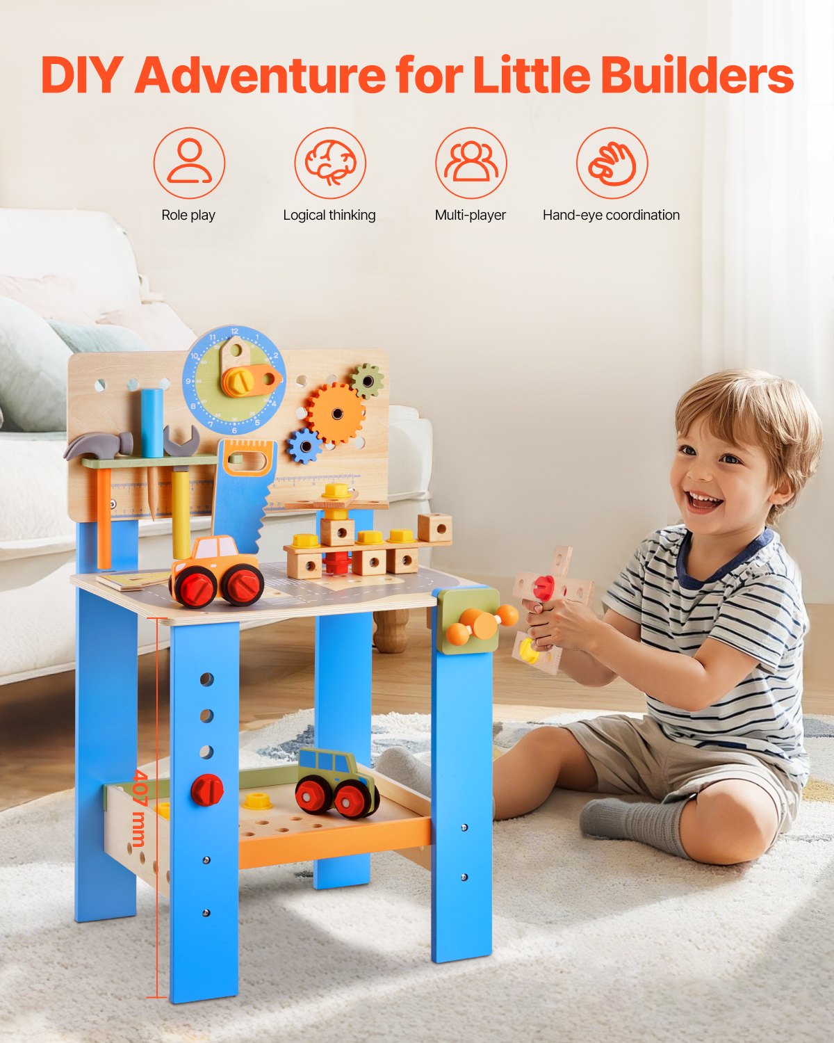 Interactive Wooden Kids Workbench, 62-Piece Set: Realistic Tools, Creative Building Toy, Educational Fun for Boys & Girls 3+