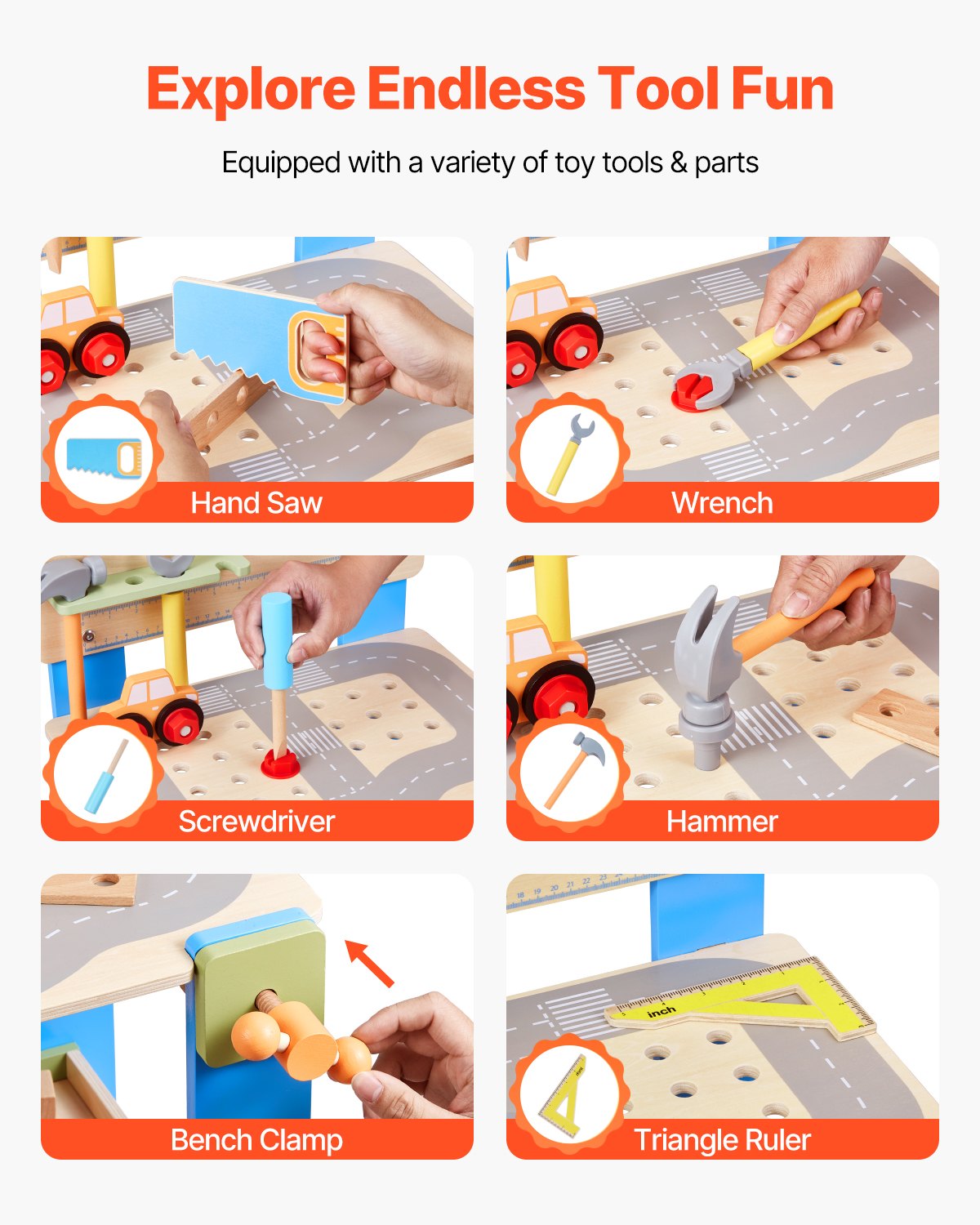 Interactive Wooden Kids Workbench, 62-Piece Set: Realistic Tools, Creative Building Toy, Educational Fun for Boys & Girls 3+