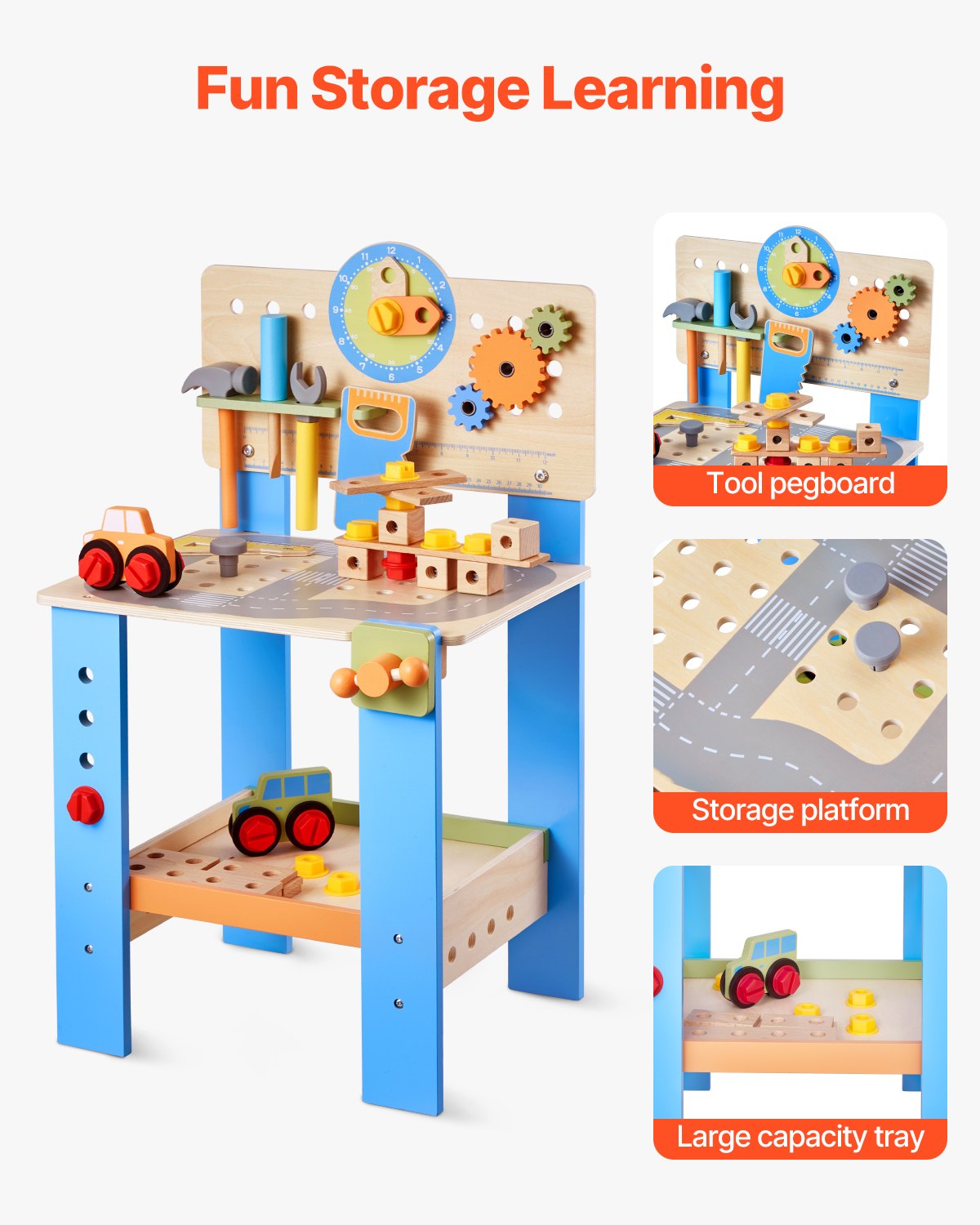 Interactive Wooden Kids Workbench, 62-Piece Set: Realistic Tools, Creative Building Toy, Educational Fun for Boys & Girls 3+