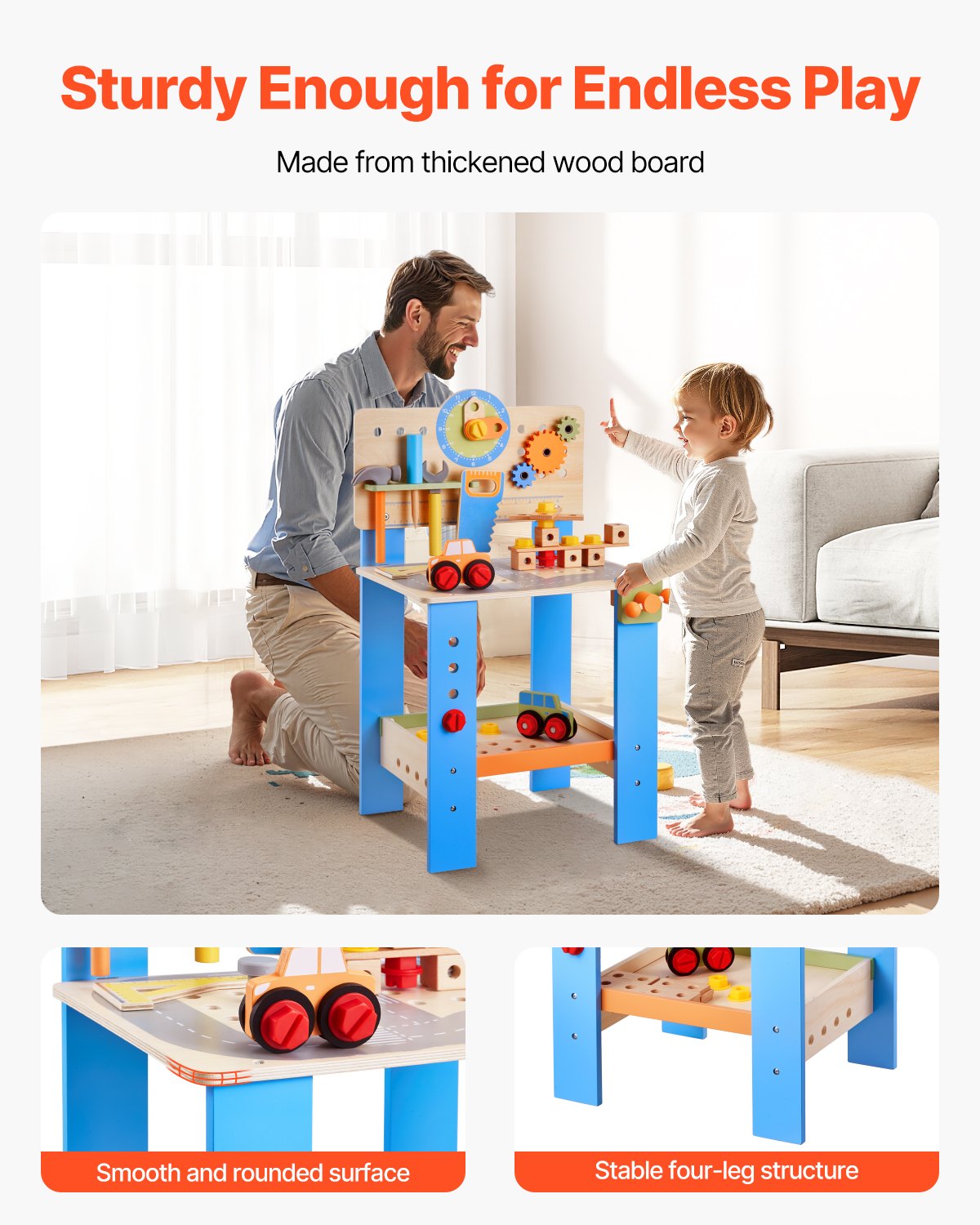 Interactive Wooden Kids Workbench, 62-Piece Set: Realistic Tools, Creative Building Toy, Educational Fun for Boys & Girls 3+