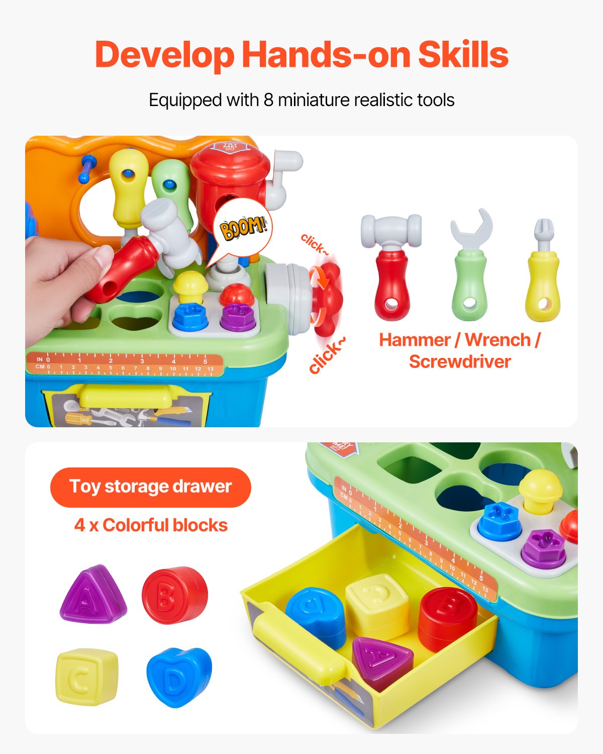 Interactive Musical Workbench Toy for Toddlers, Sounds & Lights, Pretend Play Tool Set, Shape Sorter, Pounding Game, Educational Gift for Kids 2+