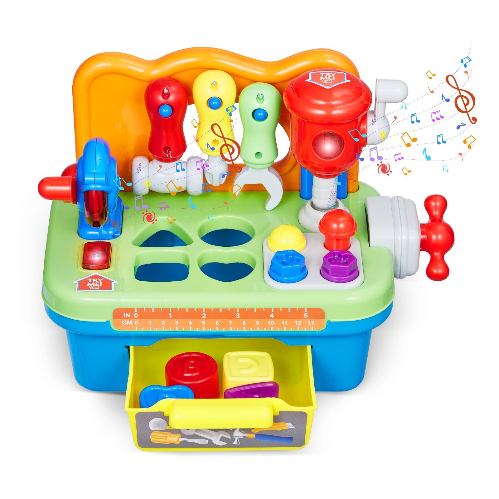Interactive Musical Workbench Toy for Toddlers, Sounds & Lights, Pretend Play Tool Set, Shape Sorter, Pounding Game, Educational Gift for Kids 2+