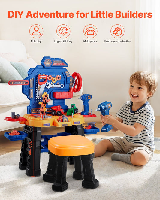 Ultimate Kids Tool Bench Set: 181-Piece Construction Playset with Realistic Tools, Electric Drill, and Creative Puzzle Blocks for Ages 3+