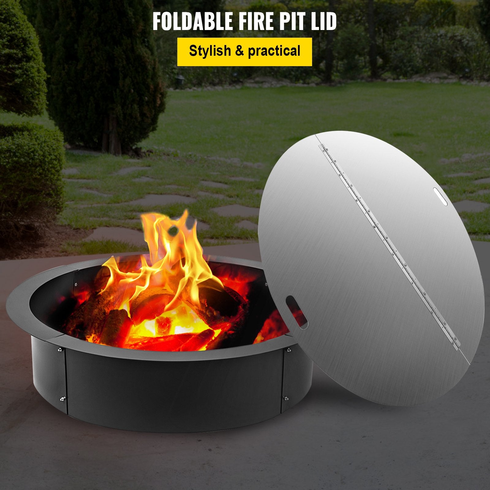 40 Inch Round Fire Pit Lid - Foldable 430 Stainless Steel Snuff Cover with Spark Screen, Durable 3mm Thickness, Convenient Handle