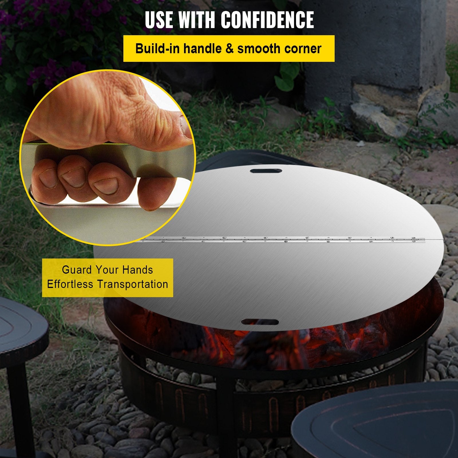 40 Inch Round Fire Pit Lid - Foldable 430 Stainless Steel Snuff Cover with Spark Screen, Durable 3mm Thickness, Convenient Handle