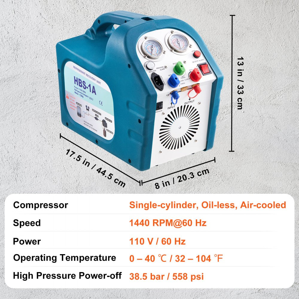 VEVOR 1/2HP Refrigerant Recovery Machine Portable 115V AC Refrigerant Recycling Machine Automotive HVAC 558psi Refrigerant Recovery Unit Air Conditioning Repair Tool (115V)