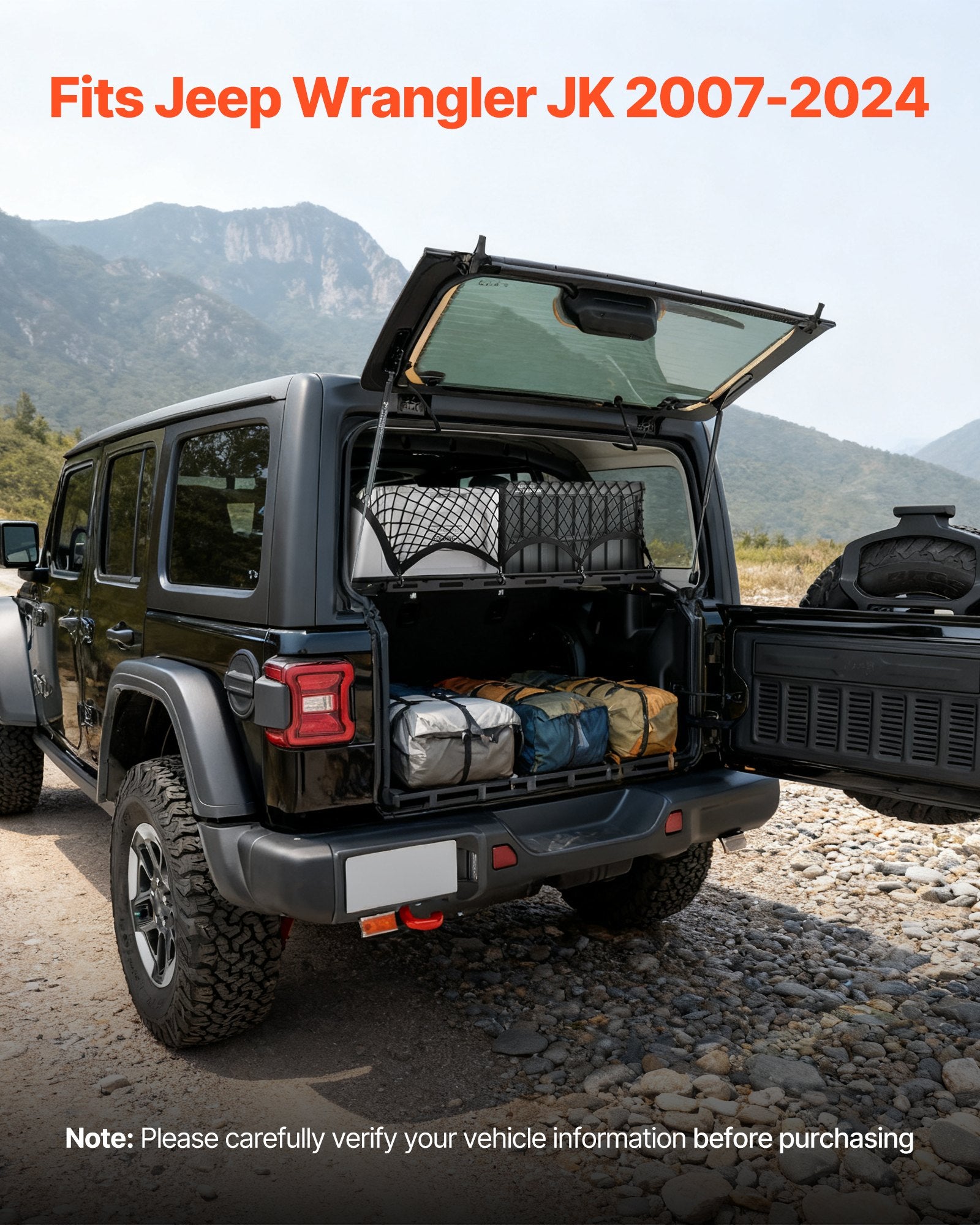 Heavy-Duty Rear Trunk Cargo Rack for 2007-2024 Jeep Wrangler JK - Carbon Steel Basket Tray, 300 lbs Capacity, Organizer with Net, Black Luggage Carrier for Camping, Durable Interior Storage Solution