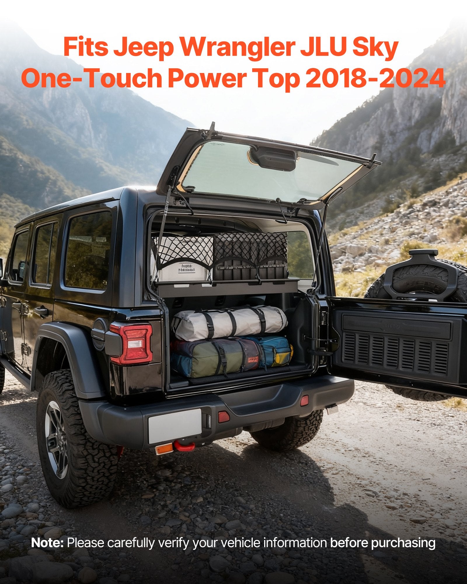 Heavy-Duty Rear Trunk Cargo Rack for 2018-2024 Jeep Wrangler JLU Sky One-Touch - 300 lbs Steel Basket, Luggage Carrier with Net & Shelf Organizer for Camping
