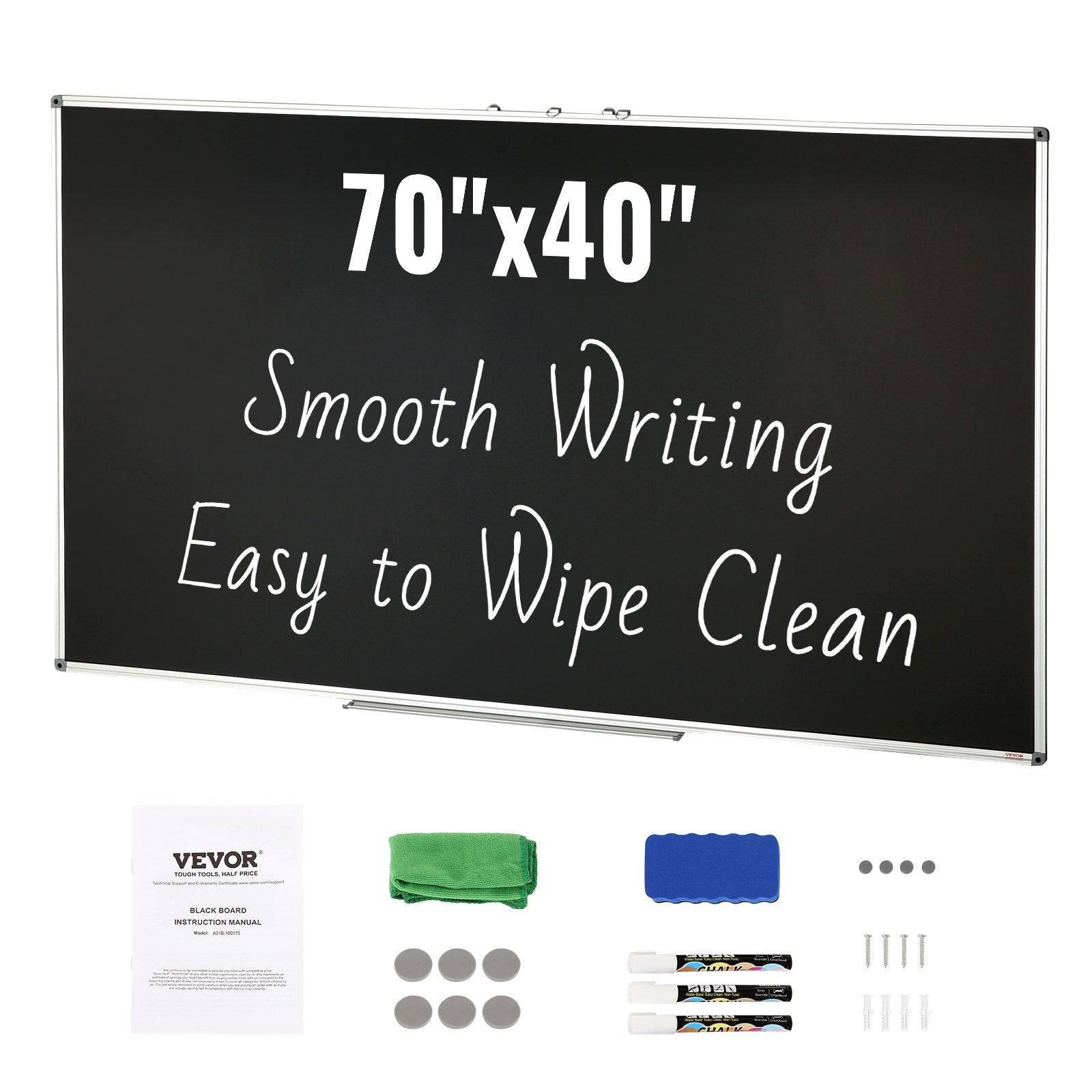 Large 70x40 Inch Chalkboard with Aluminum Frame – Magnetic Surface, Includes Eraser & Markers, Perfect for Office, Home, and School Use