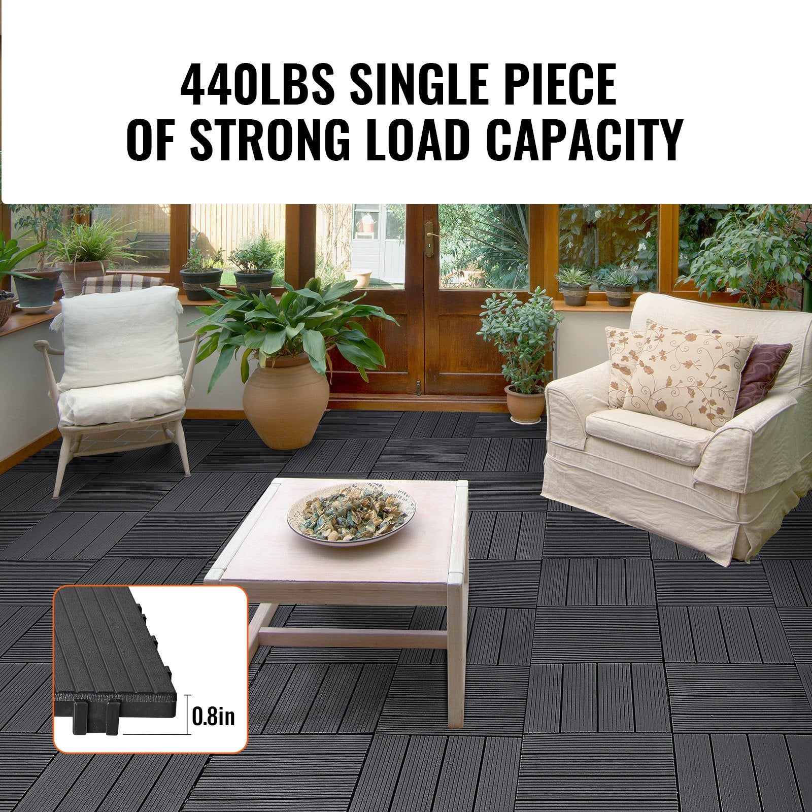 Durable Interlocking Deck Tiles, 36-Pack, Waterproof Plastic Flooring for All-Weather Outdoor Spaces - Patio, Porch, Poolside, Balcony, Backyard, Dark Grey